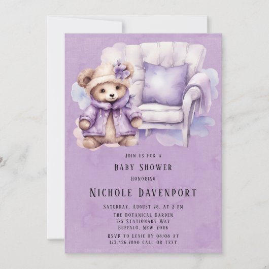 Invitation Violet mignonne Teddy Chaise Ours Fille Baby showe (Devant)