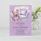 Invitation Violet mignonne Teddy Chaise Ours Fille Baby showe (Debout devant)