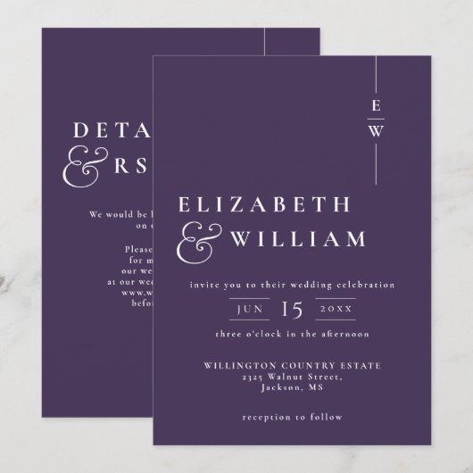 Invitation Violet moderne élégant Monogramme Mariage QR Code (Devant / Derrière)