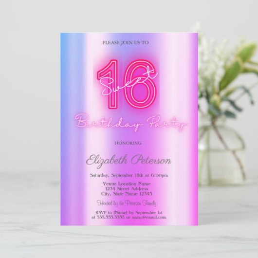 Invitation Violet moderne Neon Sweet 16 (Debout devant)