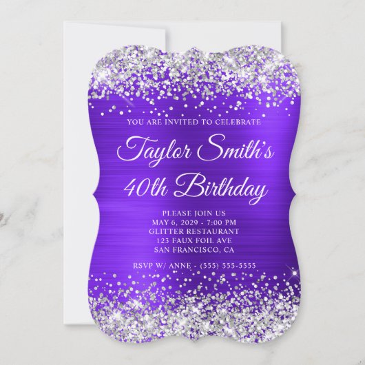 Invitation Violet Monogramme Pailleté Argent 40e Anniversaire (Devant)