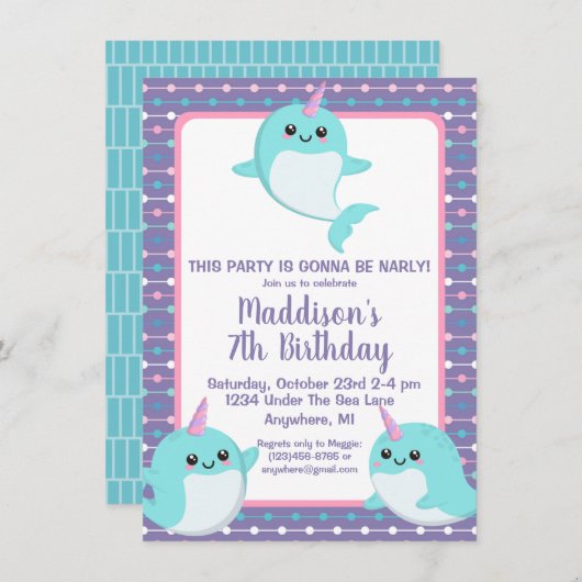 Invitation Violet mou sous la mer Narwhal Anniversaire (Devant / Derrière)