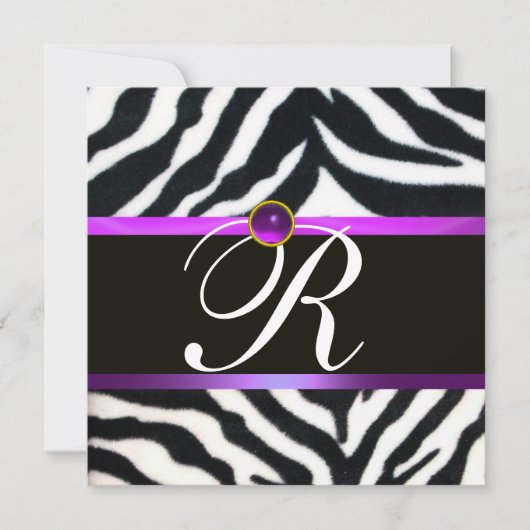Invitation VIOLET NOIR BLANC FOURRURE ZÈBRE MONOGRAMME, améth (Devant)