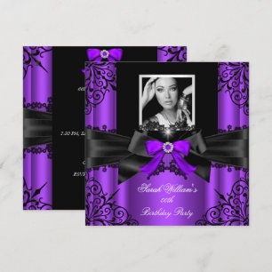 Invitation Violet Noir Dentelle Photo Élégant Fête d'annivers
