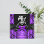 Invitation Violet noir dentelle photo élégante fête d'anniver (Debout devant)