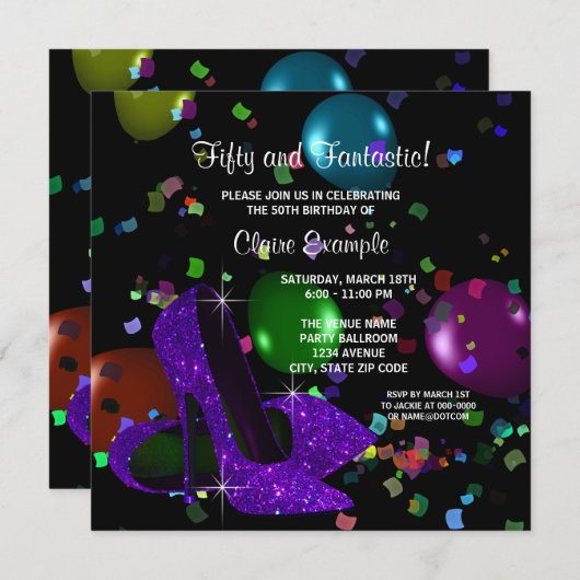 Invitation Violet noir talons hauts femmes fête d'anniversair (Devant / Derrière)