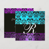 INVITATION VIOLET NOIR TEAL BLEU TURQUOISE DAMAS MONOGRAMME (Devant / Derrière)