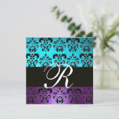 INVITATION VIOLET NOIR TEAL BLEU TURQUOISE DAMAS MONOGRAMME (Debout devant)