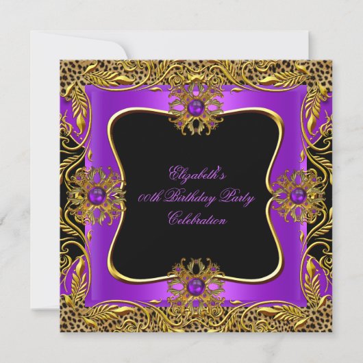 Invitation Violet Or Jaune Noir Anniversaire Fête Léopard (Devant)