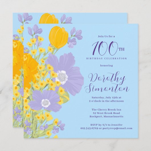 Invitation Violet Orange Jaune Fleurs sauvages 100e anniversa (Devant / Derrière)