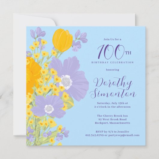Invitation Violet Orange Jaune Fleurs sauvages 100e anniversa (Devant)