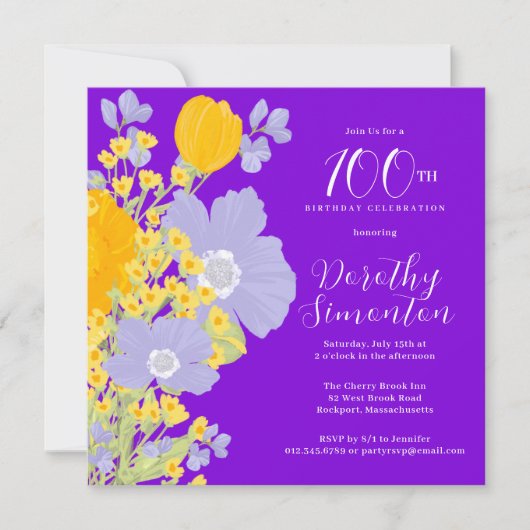 Invitation Violet Orange Jaune Fleurs sauvages 100e anniversa (Devant)