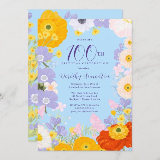 Invitation Violet Orange Jaune Fleurs sauvages 100e anniversa (Devant / Derrière)