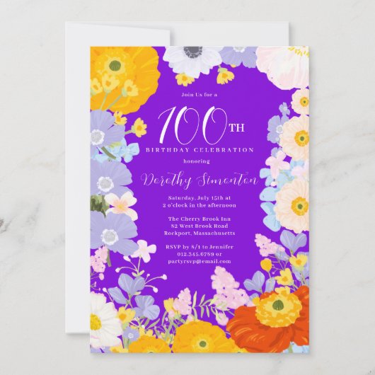 Invitation Violet Orange Jaune Fleurs sauvages 100e anniversa (Devant)