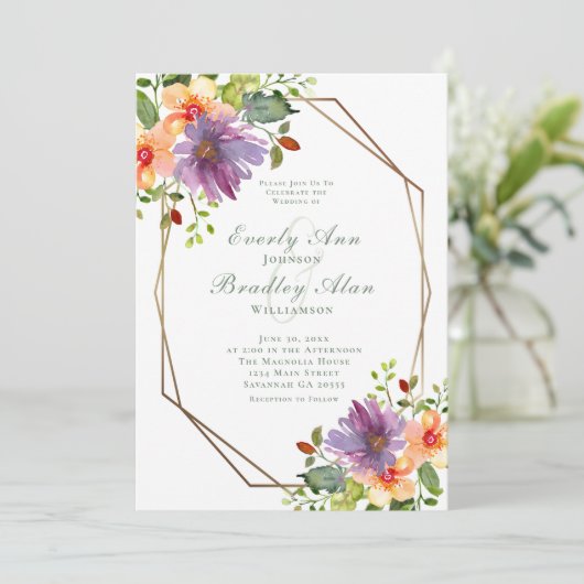 Invitation Violet orange vert Floral QR Code Mariage photo (Debout devant)