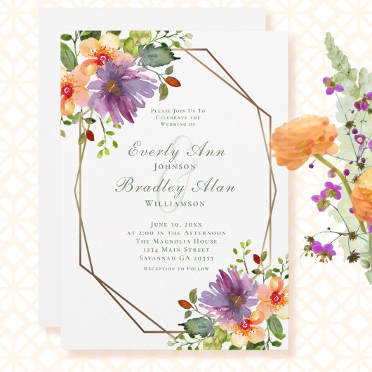 Invitation Violet orange vert Floral QR Code Mariage photo