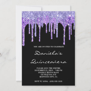 Invitation Violet Pailleté Glitter Gouttes Noir Quinceañera