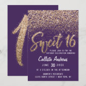Invitation Violet Parties scintillant dorée Ombre Sweet 16 (Devant / Derrière)