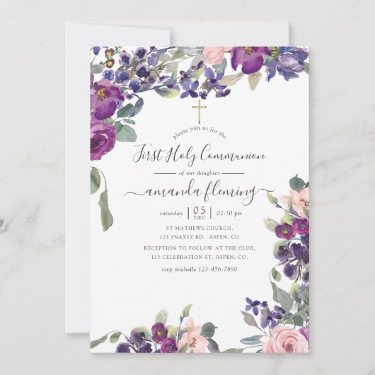 Invitation Violet, Plum et Blush Floral Première sainte commu (Devant)