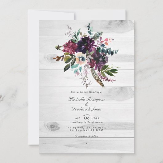 Invitation Violet Plum Floral Rustique QR Code Mariage de Boh (Devant)