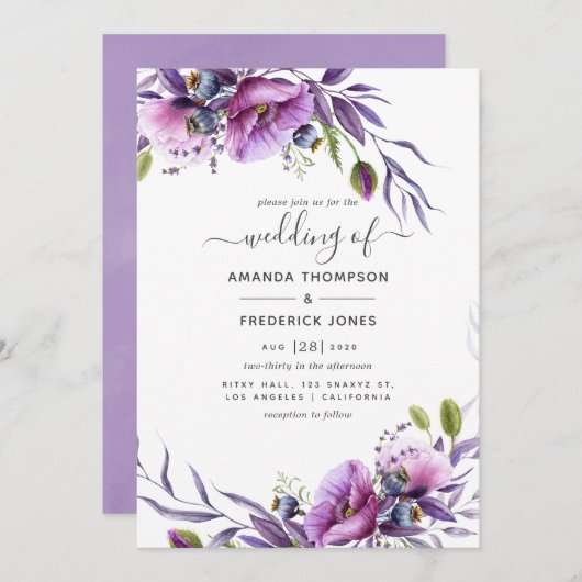 Invitation Violet pourpre Mariage floral (Devant / Derrière)
