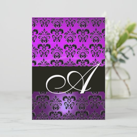 Invitation VIOLET POURPRE NOIR  DAMAS MONOGRAMME, blanc (Debout devant)