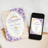 Invitation Violet pourpre or floral Quinceanera
