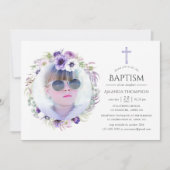 Invitation Violet Poussiéreux Fleur Baptême (Devant)