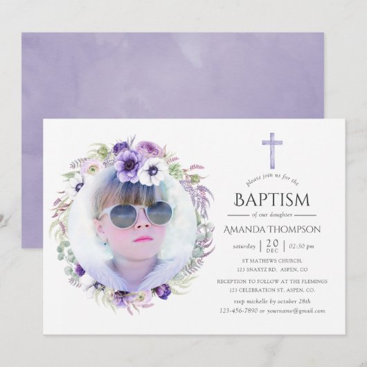 Invitation Violet Poussiéreux Fleur Baptême (Devant / Derrière)