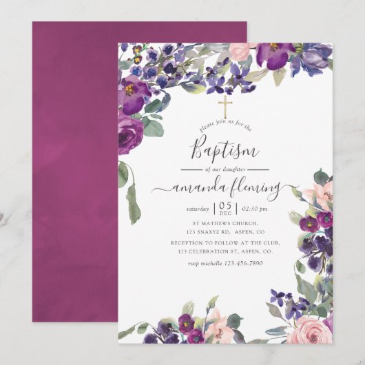 Invitation Violet, prune et floral Baptême rose (Devant / Derrière)