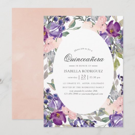 Invitation Violet, prune et floral rose Quinceañera (Devant / Derrière)