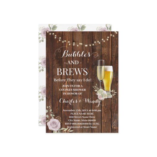 Invitation Violet Rose Bubble & Brews Couples Douche (Devant/Arrière en situation)