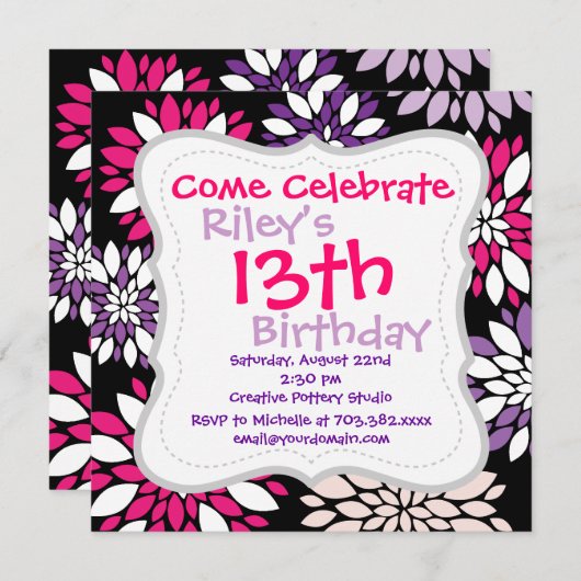 Invitation Violet rose Fleur Art sur Noir (Devant / Derrière)