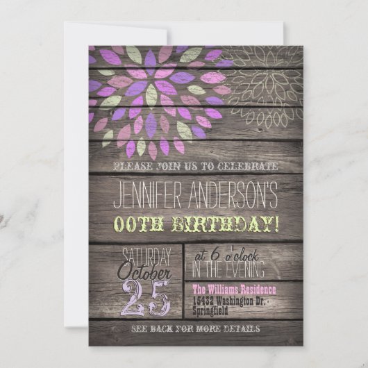 Invitation Violet, rose, Fleur verte Bois rustique Anniversai (Devant)