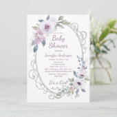 Invitation Violet Rose Floral Parties scintillant Argent Baby (Debout devant)