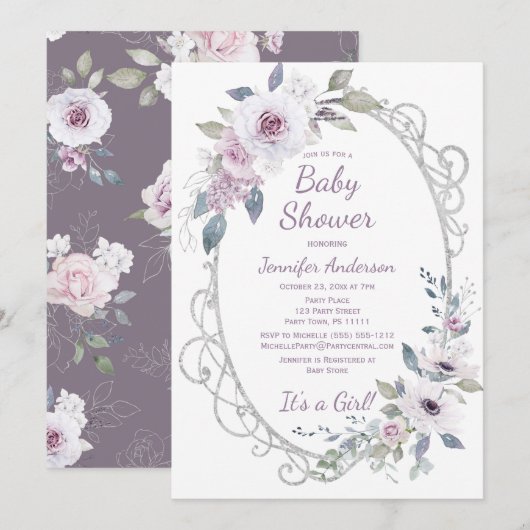 Invitation Violet Rose Floral Parties scintillant Argent Baby (Devant / Derrière)