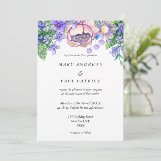 Invitation Violet rose lavande or fleur sauvage Mariage (Debout devant)