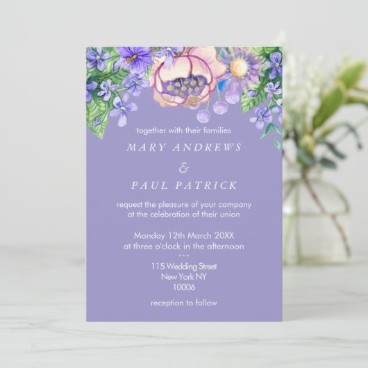 Invitation Violet rose lilas ivoire or fleur sauvage Mariage (Debout devant)