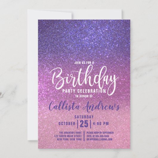 Invitation Violet rose triple Parties scintillant Ombre Anniv (Devant)