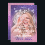 Invitation Violet rose triple Parties scintillant Ombre Photo<br><div class="desc">Cette invitation à la fête d'anniversaire de sweet sixteen photo girly, moderne et scintillante est parfaite pour la journée spéciale de votre fille adolescente. Il présente une photographie personnalisable de l'invité d'honneur et un violet imitation imprimé violet en rose rose en rose brillant parties scintillant ombre dégradé. C'est chic, élégant,...</div>