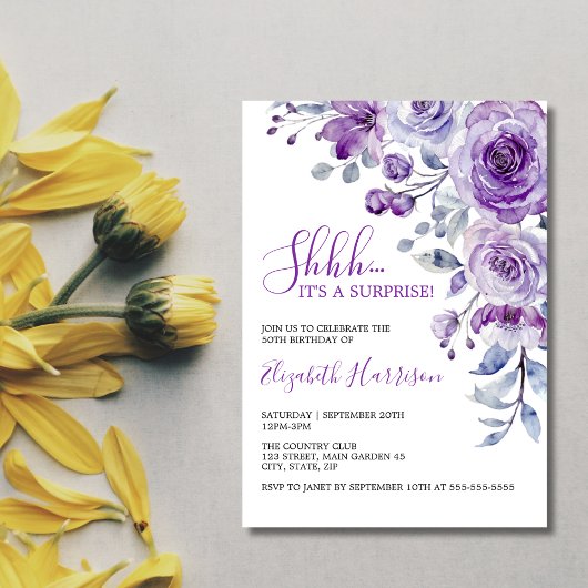 Invitation Violet Rose verdure Floral Surprise Anniversaire