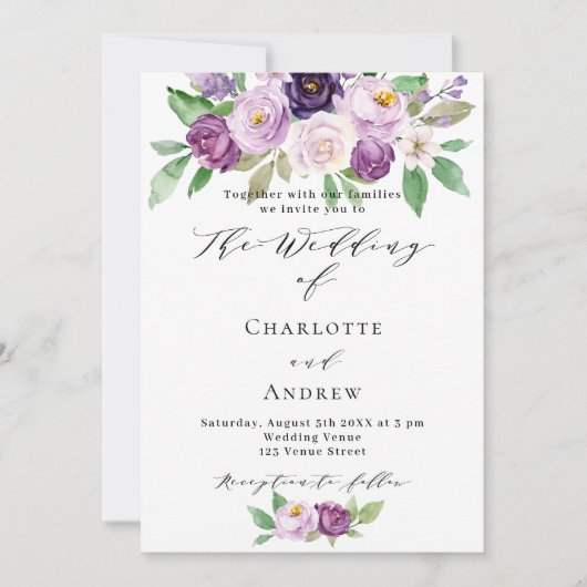 Invitation Violet rose violet fleurs violet rose QR RSVP mari (Devant)