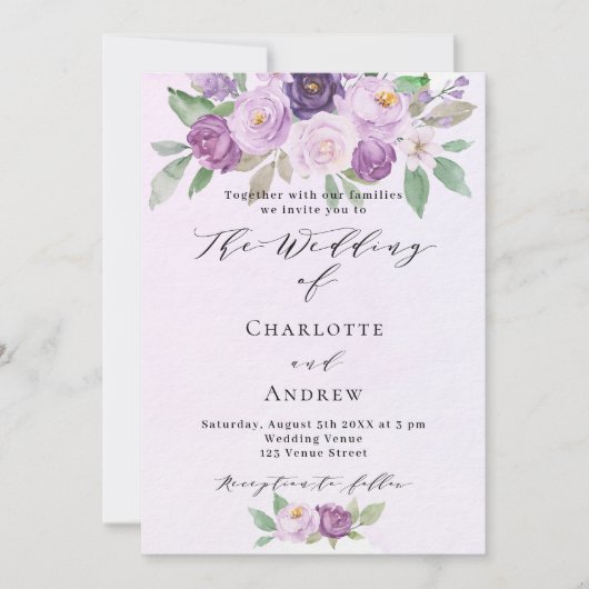Invitation Violet rose violet rose QR RSVP mariage de luxe (Devant)