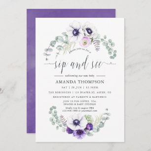 Invitation Violet roux Floral bébé Sip et voir