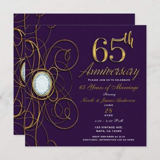 Invitation Violet Royal Pourpre Or Diamant 65 65e Anniversair (Devant / Derrière)