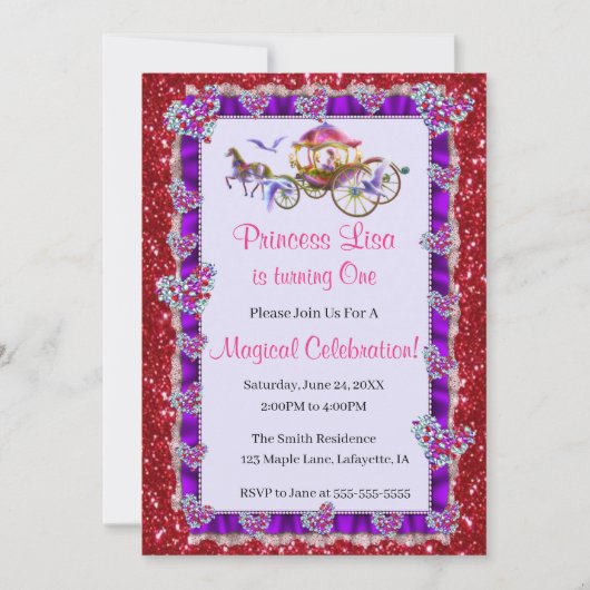 Invitation Violet Ruban Rouge Parties scintillant Royal Princ (Devant)