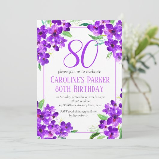 Invitation Violet rustique 80e anniversaire violet floral vio (Debout devant)