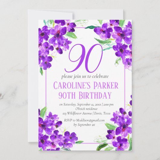 Invitation Violet rustique 90e anniversaire violet floral vio (Devant)