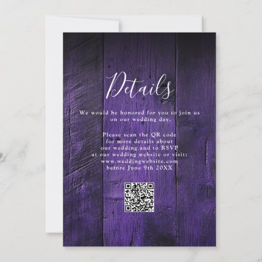 Invitation Violet Rustique Boho Grange Mariage QR Code (Dos)