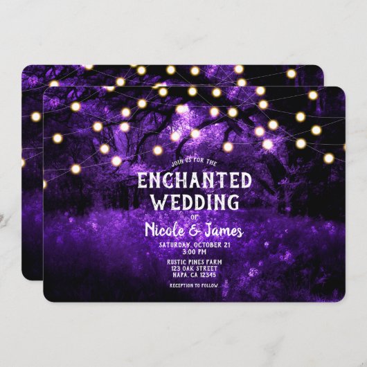 Invitation Violet Rustique Enchanted Mariage Lumières Forêt (Devant / Derrière)